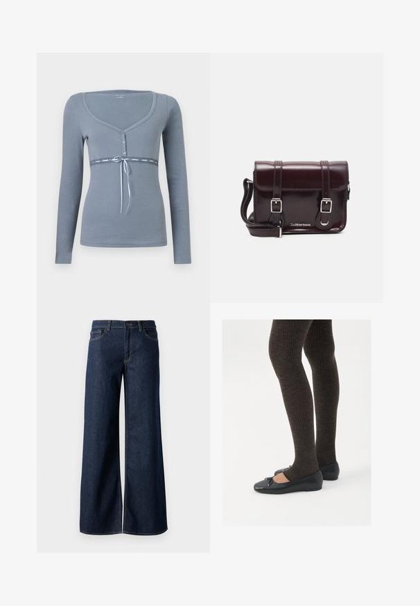 Pitkähiha, vaalea harmaa paita, jossa on avara kaula-aukko, napit edessä sekä pitsiyksityiskohta vyötäröllä, korostettuna sinisellä nauhalla.; Suorat lahkeet farkut tummansinisestä denimmistä. Ominaisuuksiin kuuluvat kontrastiväriset ompeleet, viisi taskua ja nappisuljenta vyötäröllä. Sileä pinta.; Mustat matalat kengät, joissa on pieni nauha varpaissa, yhdistettynä tummanruskeisiin ribattuisiin sukkahousuihin. Kengissä on sileä pinta ja matala profiili.; Burgundin värinen lakattu nahkainen olkapussukka, jossa on suorakulmainen muoto, kaksi hihnaa, hopeiset yksityiskohdat ja läppäkiinnitys.