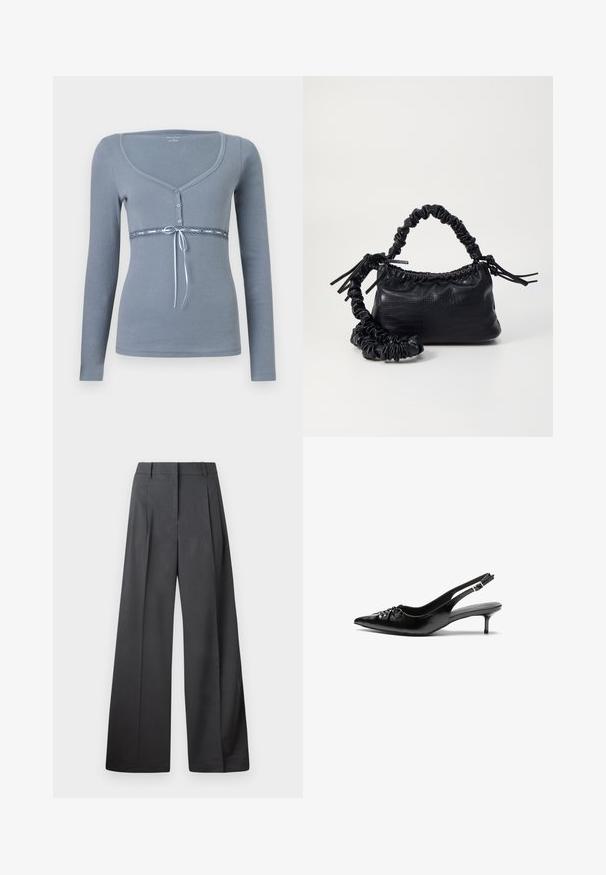 Pikkade varrukatega helehall särk, millel on ringikujuline kaelus, nööbid ees ja pitsdetail taljes, lisatud sinise satiinist paelaga.; Tumesed püksid tumesinises kangas, kõrge vöökoht, üks voldik ning sile struktuur puhaste ääristega.; Musthave nahkased kõrged kontsad, millel on terav varvas, väike kitten-kont ja dekoratiivne sõlm ees. Ühtlane sile tekstuur.; Must must sünteetilisest nahast käekott, millel on krokodillimuster, kokku tõmmatav ülaosa ja kortsus rihm. Tundub pehme ja kompaktne disain.