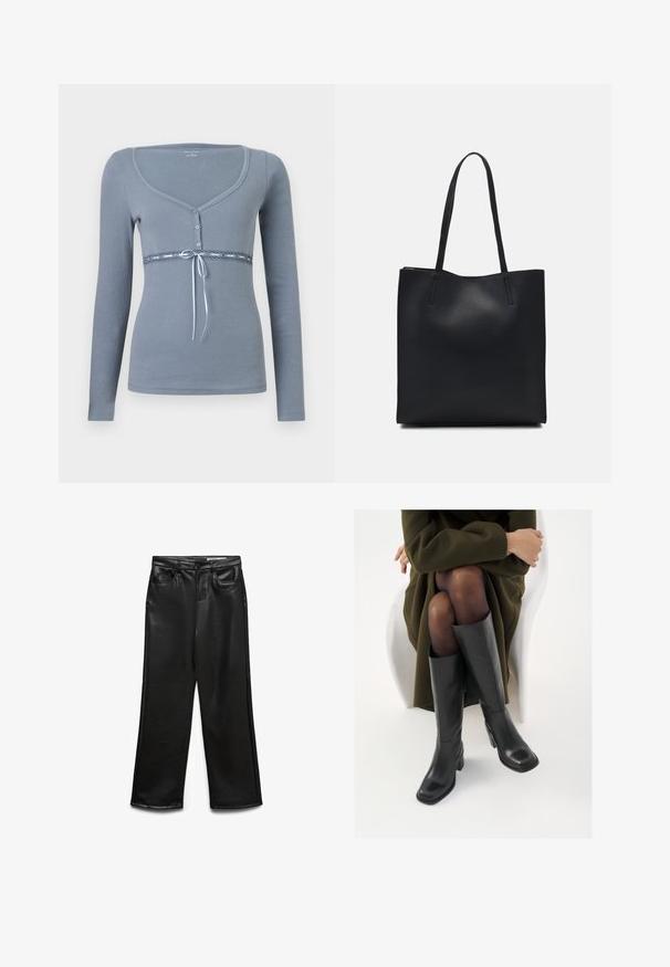 Long-sleeve, light gray top with a scoop neckline, button front, and lace detail at the waist, accented with a blue ribbon tie.; Black faux leather wide-leg pants with front pockets, belt loops, and subtle sheen. Smooth texture and tailored fit.; Knee-high black leather boots with a squared toe and block heel, shown with a model seated in an olive green coat. Smooth texture, minimal detailing.; Black leather tote bag with smooth texture, rectangular shape, and two long handles. No visible hardware or embellishments.
