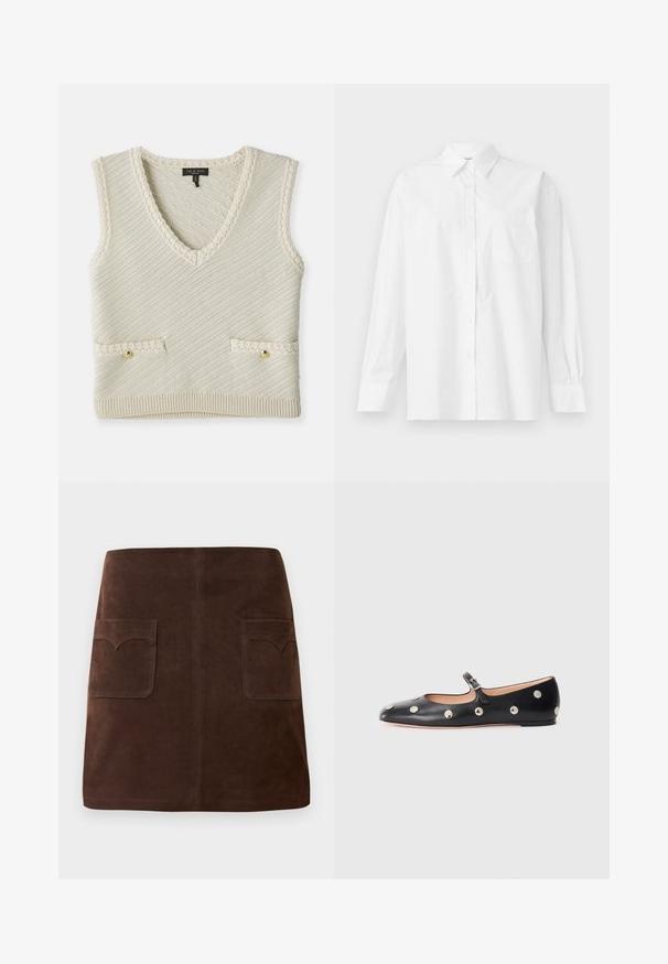 Chaleco de punto sin mangas en color crema con escote en V, que presenta una textura diagonal, dos bolsillos frontales con botones dorados y detalles de ribete de punto.; Camisa blanca de manga larga hecha de algodón, con un cuello clásico, cierre de botones y un bolsillo en el pecho del lado izquierdo.; Falda de ante marrón con una clásica forma de A, dos bolsillos frontales con solapas redondeadas y detalles de costura sutiles.; Zapato plano tipo Mary Jane de cuero negro con punta redonda, adornado con tachuelas circulares plateadas y una correa ajustable con hebilla.