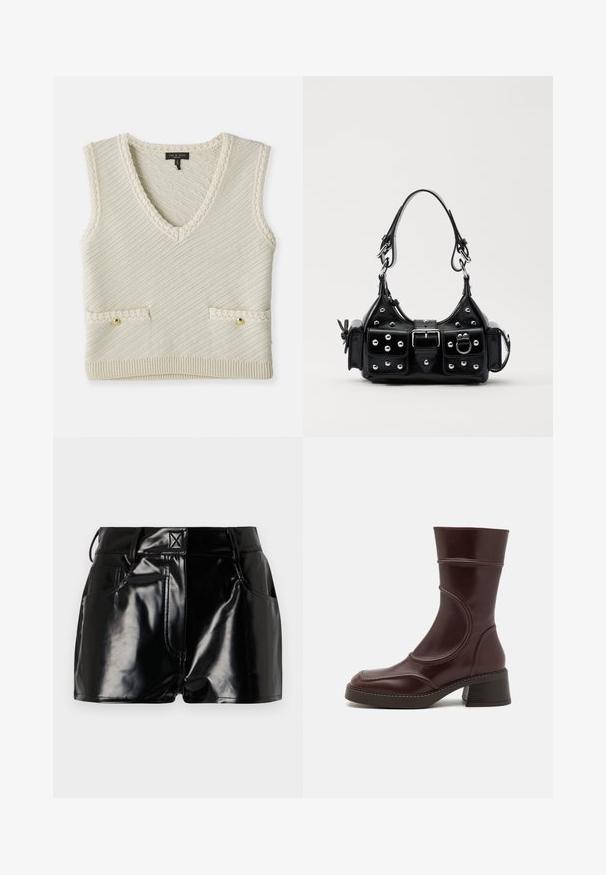 Gilet senza maniche lavorato a maglia in crema con scollo a V, caratterizzato da una texture diagonale, due tasche frontali con bottoni dorati e dettagli di rifinitura a maglia.; Shorts neri e lucidi realizzati in materiale sintetico. Presentano una vita aderente, passanti per la cintura e tasche frontali con evidenti dettagli di cucitura.; MIISTA MALENE - Stivaletti - brown; Borsa a mano in pelle nera con design curvo, caratterizzata da borchie argentate, una fibbia e due tasche laterali. Tracolla regolabile per diverse opzioni di trasporto.