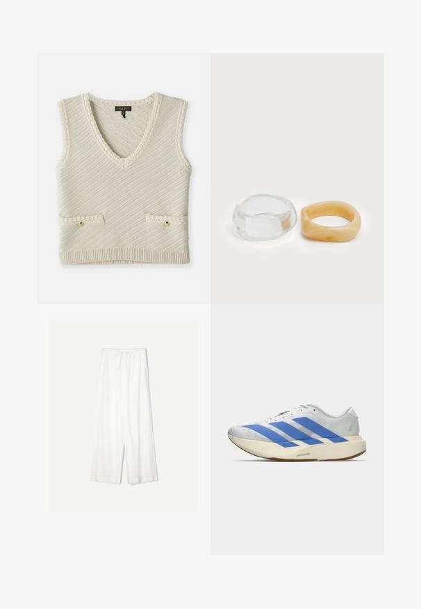 Kudottu ilmanhiha vest beige värvissä, jossa on V-kaula-aukko, diagonaalinen pinta, kaksi etutaskua kultaisilla napeilla ja neulottuja yksityiskohtia.; Valkoiset leveät housut, joissa on nauhavyötärö, esiteltyinä yksinkertaista taustaa vasten, korostaen niiden rentoa tyyliä ja kankaan rakennetta.; Valkoinen urheilukenkä, jossa on siniset raidat, teksturoitu päällinen, litteä pohja ja "LIGHTSTRIKE PRO" -brändäys sivussa. Matala profiili.; Selkeä ja meripihkaiset hartsi-renkaat, yksi sileä ja läpinäkyvä, toinen teksturoitu, meripihkan värinen. Molemmat esittelevät pyöristettyjä, massiivisia muotoja.