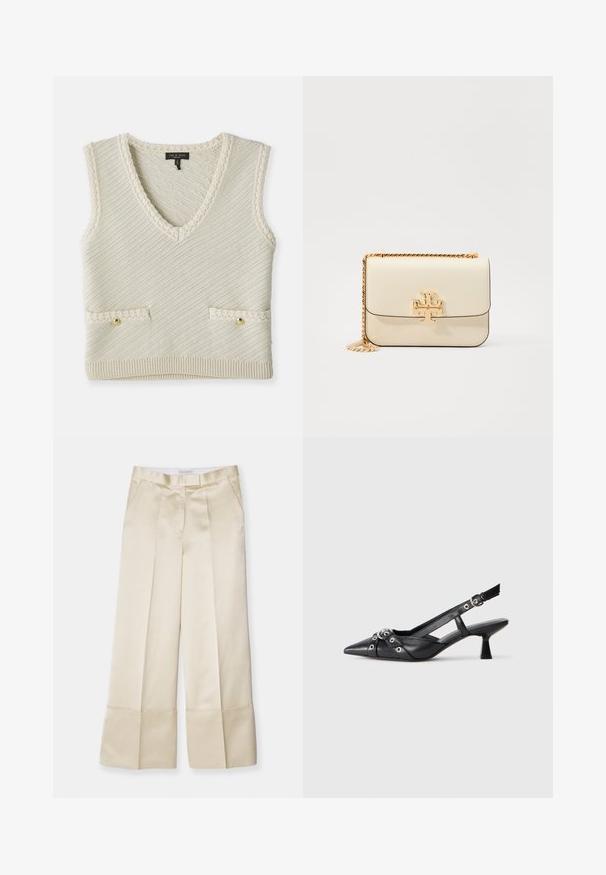 Strikket ærmeløs vest i creme med V-hals, der har diagonal tekstur, to forlommer med guldknapper og strikkede kantdetaljer.; Beige vidde ben bukser i glat stof med høj talje, plisseret front og foldet kant, med sidelommer og et rent finish.; Sort lædersandal med spids tå, dekorative stropper med metaløjer og en lav blokhæl. Struktureret overflade.; Creme læder crossbody taske med en guldkædehank, der har en guldlogoaccent på forsiden og rene, elegante linjer.