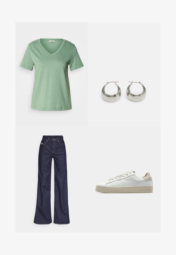 Groene katoenen T-shirt met een V-hals en korte mouwen. Heeft een klein geborduurd logo op de borst en een relaxed fit.; Donkerblauwe wijde jeans van denimstof met een hoge taille, voorzien van oranje stiksels, een vijf-pocket ontwerp en een knoopsluiting.; Witte leren sneaker met een glanzende afwerking, beige suède accenten, ronde neus, platte vetersluiting en een getextureerde rubberen zool.; Zilveren metalen creolen met een gladde, glanzende oppervlakte en een gestructureerd, rond ontwerp. Voorzien van een scharnierende sluiting voor een veilige draagervaring.