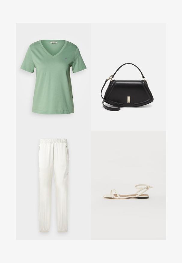 Green cotton t-shirt with a V-neckline and short sleeves. Features a small embroidered logo on the chest and a relaxed fit.; Light cream joggers with elastic waistband, tapered cuffs, side pockets, and zippered accents. Smooth, slightly shiny fabric finish.; Flat sandals in cream leather with thin cross straps, ankle strap with buckle, minimalistic design, and a contrasting black sole.; Black leather handbag with a structured design, featuring a cropped shape, top handle, and gold hardware accent. Adjustable shoulder strap included.
