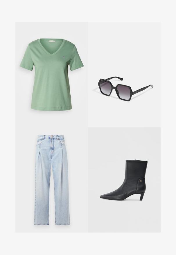Zelené bavlnené tričko s výstrihom do V a krátkymi rukávmi. Má malú vyšitú nášivku na prsiach a voľný strih.; Svetlomodré džínsy s vysokým pásom, širším strihom po celej dĺžke, dvoma bočnými vreckami a skladaným dizajnom. Mäkka textúra s vyblednutým vzhľadom.; Čierne kožené členkové topánky s špicatou špičkou a nízkym podpätkom. Majú hladký povrch a malý zlatý detail loga na boku.; Čierne hexagonálne slnečné okuliare s gradientovými šošovkami, majú lesklý povrch a diskrétne logo na stranici. Vyrobené z odolného plastu.