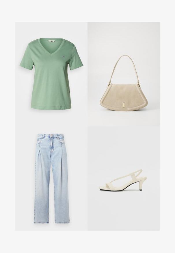 Green cotton t-shirt with a V-neckline and short sleeves. Features a small embroidered logo on the chest and a relaxed fit.; Light blue denim jeans with a high waist, wide-leg cut, two side pockets, and pleated design feature. Soft texture with a faded finish.; Beige block-heeled sandals with thin straps and a square toe. Smooth material with minimal detailing, designed for easy wear.; Beige suede handbag with a rounded triangular shape, a single strap, and a gold-tone hardware accent on the front.