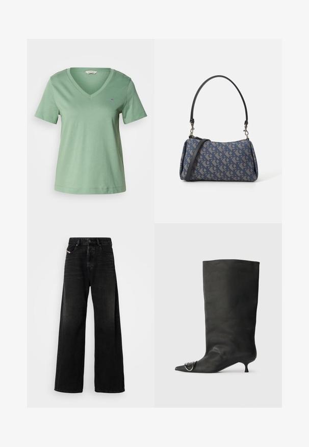 Zelené bavlnené tričko s výstrihom do V a krátkymi rukávmi. Má malú vyšitú nášivku na prsiach a voľný strih.; Široké čierne džíny s vysokým pásom, so zapínaním na gombík, prednými vreckami a vyblednutou textúrou.; Čierna kožená členková topánka s špicatou špičkou, malým podpätkom a kovovým akcentom na špičke. Hladká, matná textúra po celom povrchu.; Modrá vzorovaná kabelka vyrobená z látky, so zakriveným tvarom, čiernym koženým popruhom a dizajnom loga v svetlejšej farbe.