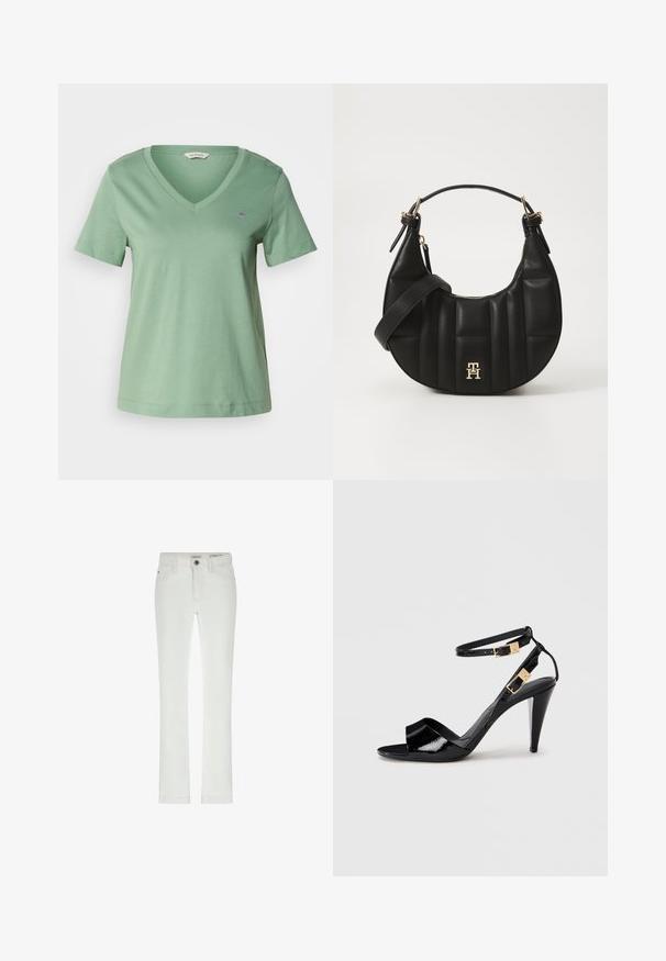 Groene katoenen T-shirt met een V-hals en korte mouwen. Heeft een klein geborduurd logo op de borst en een relaxed fit.; Witte jeans met een slanke pasvorm, 5 zakken en contrasterende stiknaden. Beschikt over een knoopsluiting en een subtiele merklabel op de tailleband.; Zwart lakleren hoge hak sandaal met dubbele enkelbandjes en gouden gespen, open teen en slanke, taps toelopende hak op een neutrale achtergrond.; Zwarte leren handtas met een gebogen vorm, gevoerd textuur en gouden hardware. Beschikt over een afneembare schouderband en logo-detail.