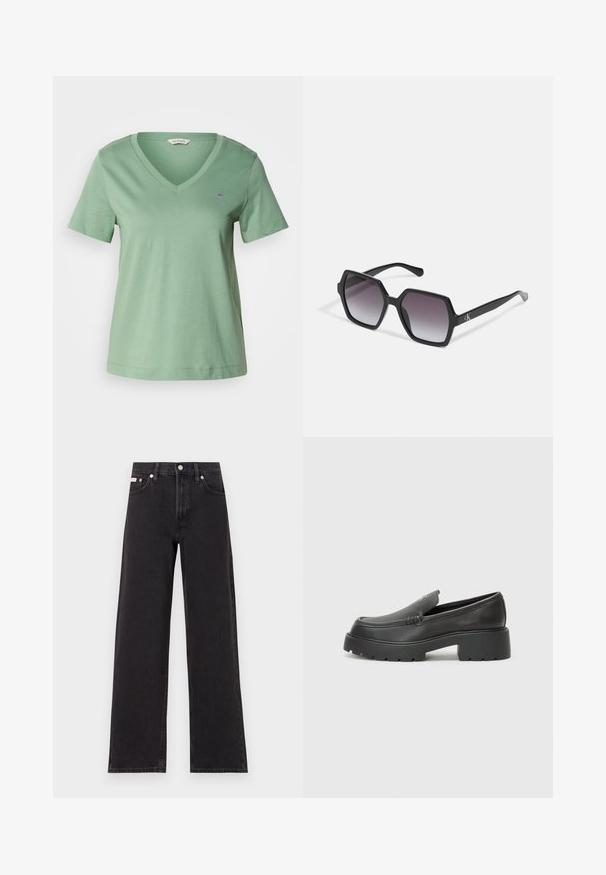 Green cotton t-shirt with a V-neckline and short sleeves. Features a small embroidered logo on the chest and a relaxed fit.; Black wide-leg jeans made of denim, featuring a high-rise waist, five-pocket styling, and a metal button closure with contrasting stitching.; Black leather loafers with a rounded toe, thick textured sole, and minimal stitching details. Sleek design with no visible laces or hardware.; Black hexagonal sunglasses with gradient lenses, featuring a glossy finish and subtle branding on the temple. Durable plastic construction.