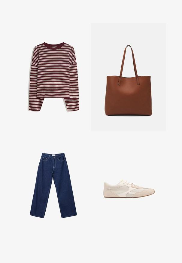 Burgundská dlouhá halenka s bílými vodorovnými pruhy. Obsahuje kulatý výstřih a boční rozparky na lemu pro uvolněný střih.; Široké tmavě modré džíny z denimu s knoflíkovým zapínáním, pěti kapsami a kontrastním bílým šitím. Tkanina má hladký, mírně texturovaný povrch.; Béžová teniska s kombinací síťoviny a semiše, kulatou špičkou, zavazováním na tkaničky a plochou gumovou podrážkou.; Hnědá kožená taška přes rameno s hladkou texturou, otevřeným designem a dvěma ramenními popruhy. Obsahuje minimální švy a žádné viditelné kovové prvky.