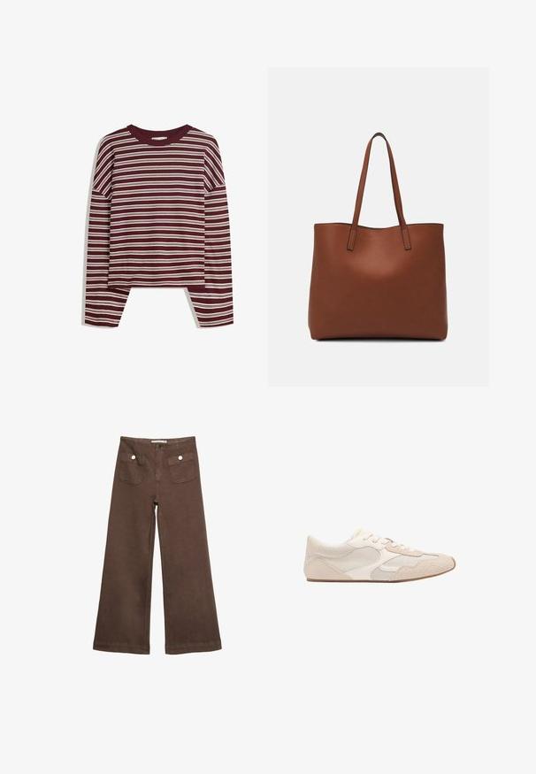 Burgundska majica z dolgimi rokavi z belimi vodoravnimi črtami. Ima okroglo izrezovanje in stranske razpoke na robu za sproščen kroj.; Svetlo rjave široke hlače iz bombaža, ki vključujejo dva sprednja žepa s srebrnimi gumbi in gladko teksturo.; Bežna atletska čevlja, ki združuje mrežaste in semiš materiale, ima okroglo konico in vezalke. Teksturovani detajli na zgornjem delu povečujejo oprijem.; Rjava usnjena torba z gladko teksturo, odprto zasnovo zgoraj in dvema naramnima trakovoma. Opremljena je z minimalnim šivanjem in brez vidnih kovinskih delov.