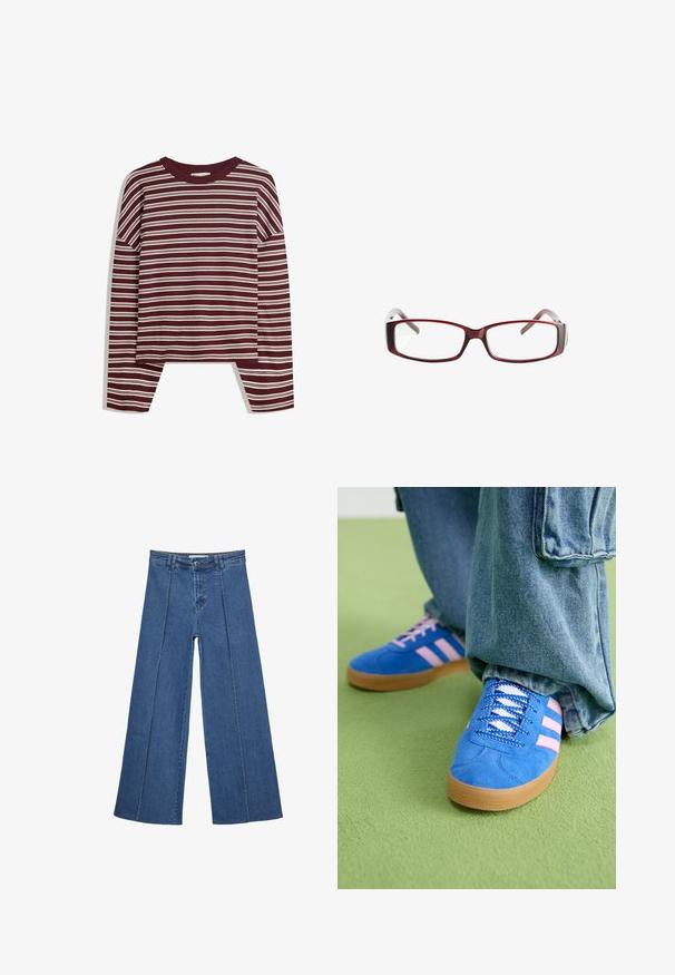Burgundská blúzka s dlhým rukávom a bielymi horizontálnymi pruhmi. Má okrúhly výstrih a postranné rozparky na leme pre pohodlný strih.; Rovné džínsy s širokými nohavicami v strednom modrom odtieni, so zvýšeným pásom, zapínaním na gombík a kontrastnými vertikálnymi švami pozdĺž prednej strany.; Modré semišové topánky s ružovými pruhmi a bielymi šnúrkami, s gumenou podrážkou, skombinované s voľnými džínsami na zelenej ploche.; Červené obdĺžnikové dioptrické okuliare s elegantným dizajnom. Priehľadné šošovky, mierne priesvitné rámiky a prechodový efekt od červenej po šedú.