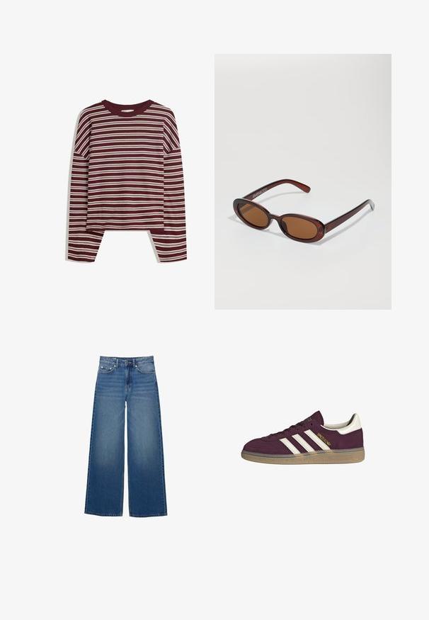 Burgundy långärmad topp med vita horisontella ränder. Har en rund halsringning och sidsprickor vid fållen för en avslappnad passform.; Vida jeans i denim med vida ben, hög midja, sydda detaljer och en enkel design med en lätt blekningseffekt.; Mörk röd mockaskor med vita tre ränder och beige detaljer. Har en strukturerad gummisula och guldbranding på sidan.; Runda, bruntonade solglasögon med en glansig bordeauxfärgad ram. Smala bågar med subtilt varumärkesdetalj. Platt linsdesign.; Brun vävd läderhandväska med en slapp, triangulär form. Har ett flätat handtag och en dragkedjestängning längs toppen.