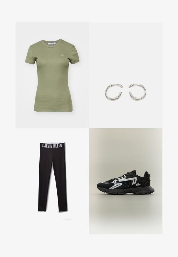 Olive roheline ribidaustega puuvillane T-särk lühikeste varrukatega ja ümmarguse kaelusega, mille vasakul rinnal on väike tikandiga krokodillilogo.; Mustad retuusid, mille vööl on valge "CALVIN KLEIN" logo. Sile materjal, tihe disain, põlveosa on võrgutooted.; Mustad mustreejalised tossud võrkpaneelidega, hõbedaste aktsentidega ja tekstuuritud mustade pealsetega. Omab kingapaelu ja kõverat, vastupidavat tallat.; Hõbedased rõngas kõrvarõngad, millel on siledatest ja ümaratest joonetest loodud disain ning läikiv poleeritud viimistlus. Omavad minimalistlikku kuju kerge avausega.