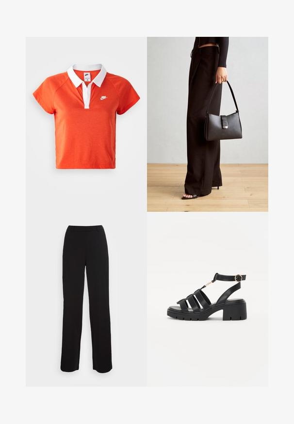 Oranžs polo krekls ar baltu apkakli, īsām piedurknēm un Nike logo baltā krāsā kreisajā krūtī. Izgatavots no mīkstas kokvilnas maisījuma.; Melnas bikses ar taisna kāju dizainu, gludu tekstūru un pieguļošu jostu. Iekļauj priekšējās kabatas un minimālu šuvju detalizāciju.; Melnas ādas blokveida papēžu sandales ar vairākiem platām siksnām, regulējamu potītes siksnu un zelta krāsas aparatūras akcentiem. Plakans gumijas zole.; Melnā somiņa ar strukturētu formu, gludu tekstūru un metālu sprādzi. Saskaņota ar platām melnām biksēm un sandālēm ar atvērtu purngalu uz koka grīdas.