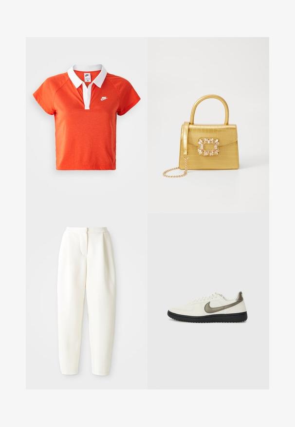 Narandžasta polo majica s bijelim ovratnikom, kratkim rukavima i bijelim Nike logom na lijevoj strani prsnog dijela. Izrađena od mekog pamuka.; Bijele hlače visokog struka sužene kroja s skrivenim prednjim kopčanjem i bočnim džepovima, prikazane na jednostavnoj bijeloj pozadini.; Nike Sportswear FIELD GENERAL - Tenisice - off-white/black; Žuta torbica od umjetnog krokodila sa strukturiranim dizajnom, gornjom ručkom, odvojivim lančićem i dekorativnim kristalnim ukrasom na kopči.