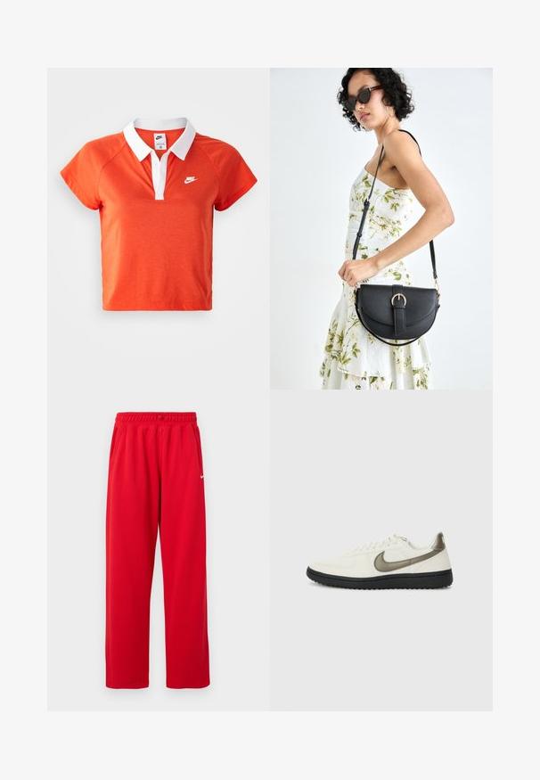 Orange polo skjorta med vit krage, korta ärmar och Nike-logotyp i vitt på vänster bröst. Tillverkad av ett mjukt bomullsblandningsmaterial.; Röda träningsbyxor med elastiskt midjeband, sidofickor och en vit Nike-logotyp på vänster sida. Tillverkade av ett slätt tyg.; Nike Sportswear FIELD GENERAL - Sneakers - off-white/black; Svart läderhandväska med en böjd form, avtagbar rem och guldiga detaljer. Väskan har ett lock med en spänndetalj.