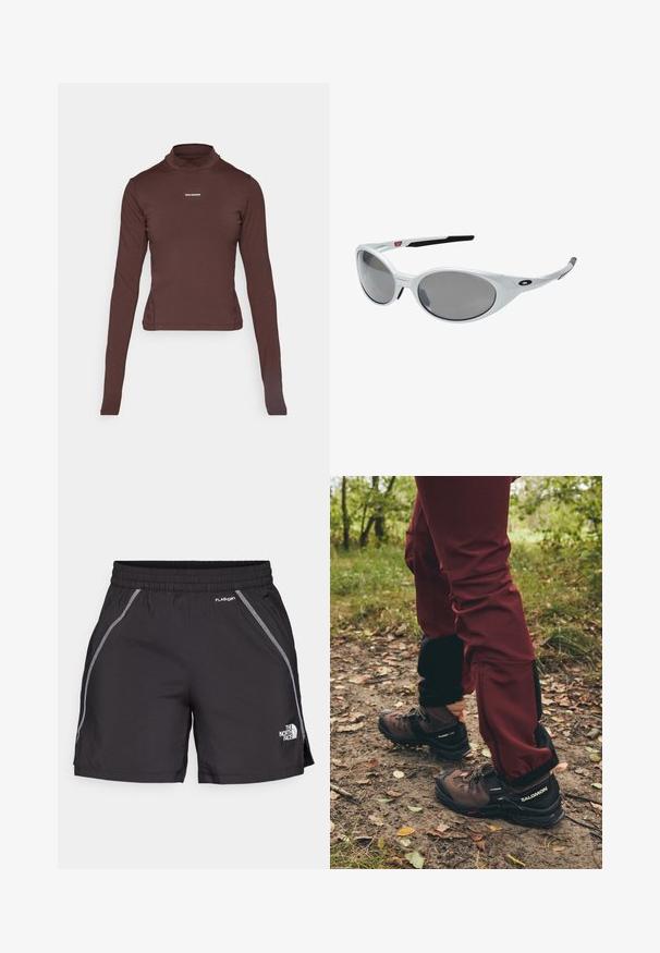 Braunfarbendes, langärmliges, eng anliegendes Rollkragenshirt mit kleinem weißen "Salomon"-Logo, das auf der Brust zentriert ist, vor einem weißen Hintergrund.; Schwarze Sportshorts aus leichtem Material verfügen über einen elastischen Bund, reflektierende Details und das Logo "The North Face" an der linken Seite.; Braune Wanderschuhe mit schwarzen Akzenten und robusten Sohlen, kombiniert mit weinroten, wasserdichten Hosen mit schwarzen Seitenpaneelen und Reißverschlüssen.; Weiße Kunststoff-Sonnenbrille mit großen, ovalen Gläsern in grauer Tönung. Verfügt über schwarze Ohrpolster und ein kleines Logo am Rahmen. Glatte Oberfläche.; Salomon ACTIVE SKIN 12 SET UNISEX - Trinkrucksack - black; Schwarze Handschuhe aus strukturiertem Stoff, mit Fingersegmentierung und einem berührungsempfindlichen Fingerspitze. "SALOMON"-Logo in Weiß an der Seite.
