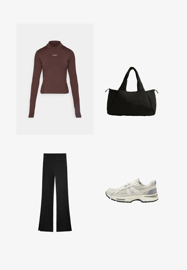 Rjava, dolgi rokav, prilegajoča turtleneck s majhnim belim logotipom "Salomon" na sredini prsnega dela proti beli ozadju.; Črne hlače širokega kroja, z visokim pasom in stranskimi režami za lažje gibanje. Narejene iz gladkega, elastičnega materiala.; Bež atletski čevelj z zgornjim delom iz teksturirane mrežice in gladkimi poudarki. Ima oblazinjen podplat, ojačan prstni del in črni gumijasti podplat.; Črna torba za rame z mehkobo teksturo, z dvema kratkima ročajema in stranskim žepom, ki je zavarovan z vrvico. Preprost, angularen dizajn.