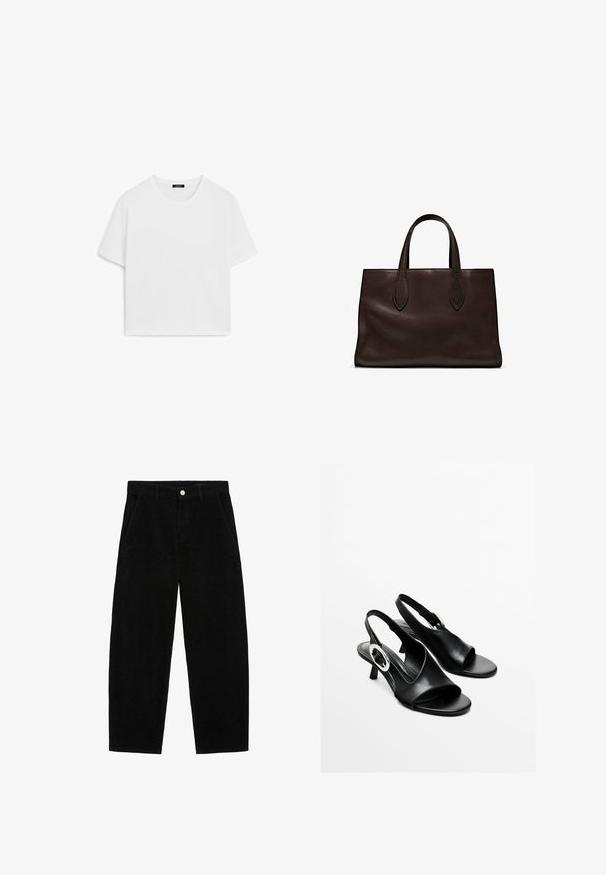 T-shirt bianco cropped con collo rotondo e maniche corte, realizzato in morbido tessuto di cotone. Texture liscia, senza motivi né dettagli.; Pantaloni in corduroy neri con design a gamba larga, dotati di tasche laterali e chiusura frontale con bottone. La trama è rigata, offrendo una sensazione morbida.; Sandali slingback neri in pelle con punta aperta, tacco basso e dettaglio in metallo circolare argentato sul lato. Tessuto liscio e design semplice.; Borsa a spalla in pelle marrone con due manici lunghi, forma rettangolare strutturata, texture liscia e dettagli di cucitura sottili.