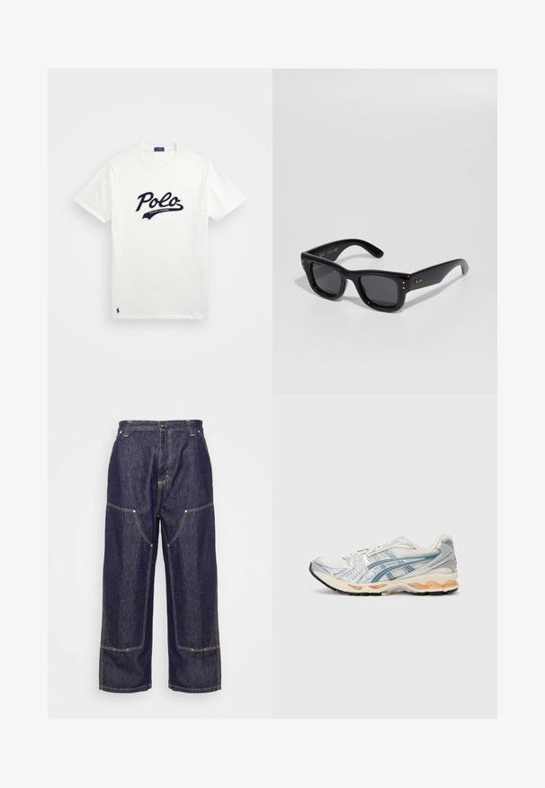 T-shirt en coton blanc avec un grand logo « Polo » bleu marine et un texte « Ralph Lauren » plus petit en dessous, accompagné d'un logo brodé bleu marine sur l'ourlet.; Carhartt WIP NASH PANT SMITH - Jean boyfriend - blue rinsed; Chaussure de course avec une tige en mesh légère avec des accentuations argentées et bleues, une semelle intermédiaire beige rembourrée et une semelle extérieure en caoutchouc noir durable.; Lunettes de soleil noires avec une finition brillante, monture rectangulaire, verres foncés et accents de logo dorés sur les branches. Deux points dorés sur chaque coin avant.