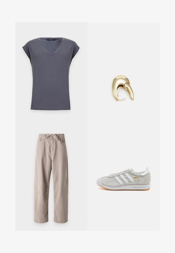 Tricou gri cu decolteu în V și mâneci scurte răsucite. Fabricat dintr-un material moale cu o textură netedă. Design simplu, fără modele sau embellishments.; Pantaloni bej din catifea cu un croi lejer, având un talie cu șnur, două buzunare frontale și o textură verticală cu rigle.; Tenis light grey din suede și plasă, cu trei dungi albe, vârf rotund și o talpă din cauciuc gumă. Accente de logo aurii lângă șireturi.; Cercei din metal de culoare aurie cu un design elegant și curbat. Prezintă o formă distinctivă, ascuțită, o suprafață lustruită și un sistem de închidere cu balama.