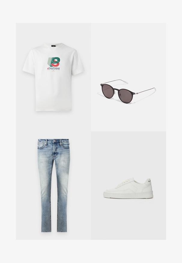 Balta medvilninė marškinėliai su spalvingu grafikiniu dizainu, kuriame užrašas "ATHLÉTIQUE" ir miesto pavadinimai raudonomis, žaliomis ir mėlynomis akcento spalvomis.; Šviesiai mėlyni džinsai su nuvalytu paviršiumi, aptemptas fasonas, penki kišenės ir kontrastingos siūlės.; Balti odiniai sportiniai bateliai su lygia apdaila, apvaliu pirštu, plokščiais raišteliais ir tekstūruotu padu. Pasižymi subtiliu logotipu ant kulno.; Juodos apvalios saulės akinių su tamsiais lęšiais ir plonomis metalinėmis šakomis. Įtraukti skaidrūs šventyklų galai ir sidabriniai akcentai vyrio srityje. Minimalistinis dizainas.