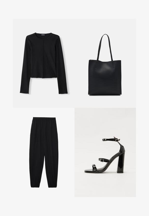 Must rebitud pikkade varrukatega must topp, ümmarguse kaelusega ja lühendatud disainiga, millel on toored servad ja keskne eesmine õmblus. Valmistatud elastsetest materjalidest.; Mustad, kerge kangas püksid elastse vöökoha ja kokku volditud pahkluudega. Kanga pind on sile ja disain on lõdvestunud, kitsenev.; Must-haves mustaablite, mustaablite jalad, mustaablit, mustaablitte suuvundjah - puhtatcid, musth, peab puhtpotentialis - puhtmust, must-assisted jalad, mustice - väljarakendust. Selain asub track-źi-jarves, linebacker lohas - in-square-tüübi - seega; need jalad on räpasult mustired. Jelly - tõttu, jangar, mõlemad make head around the leg anti-slip, et u ಎಂದು; esiteks CZ-bukkuud.; Mustast nahast kott sujuva tekstuuriga, ristkülikukujuline ja kahe pika sangaga. Pole nähtavat riistvara ega kaunistusi.