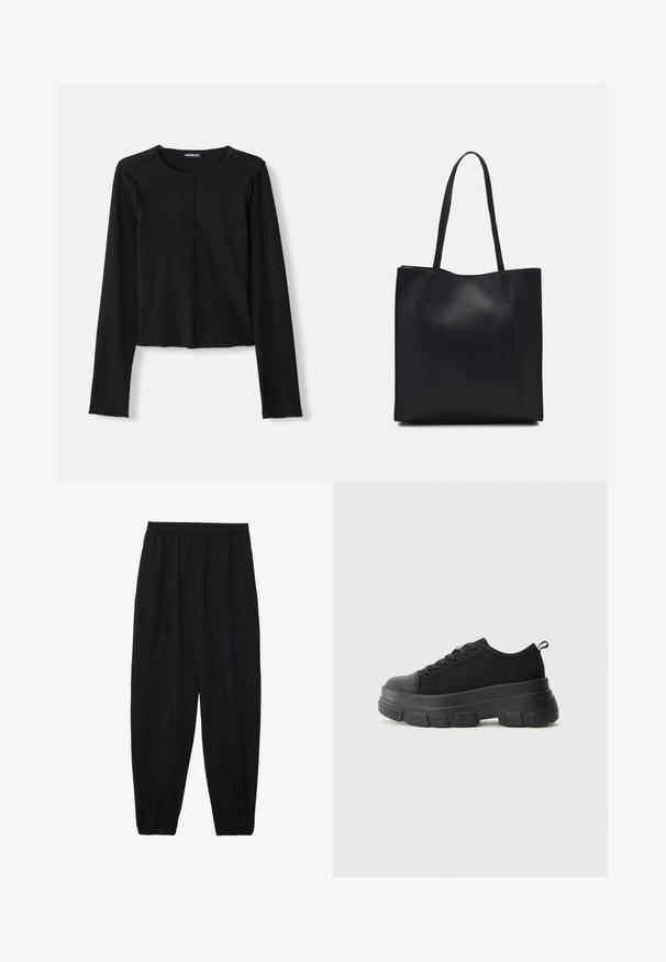 Schwarzes, geripptes Langarmoberteil mit rundem Halsausschnitt und cropped Design, mit rohen Kanten und einer zentralen Vordernaht. Hergestellt aus einem dehnbaren Material.; Schwarze, leichte Hosen mit einem elastischen Bund und gerafften Knöcheln. Der Stoff ist glatt und hat ein entspanntes, schmal zulaufendes Design.; Schwarze Sneakers mit einer dicken Gummisohle, strukturiertem Obermaterial, runder Zehenpartie und Schnürdesign. Verfügt über verstärkte Ösen und eine Schlaufe an der Rückseite.; Schwarze Laptoptasche aus Leder mit glatter Textur, rechteckiger Form und zwei langen Griffen. Keine sichtbaren Beschläge oder Verzierungen.
