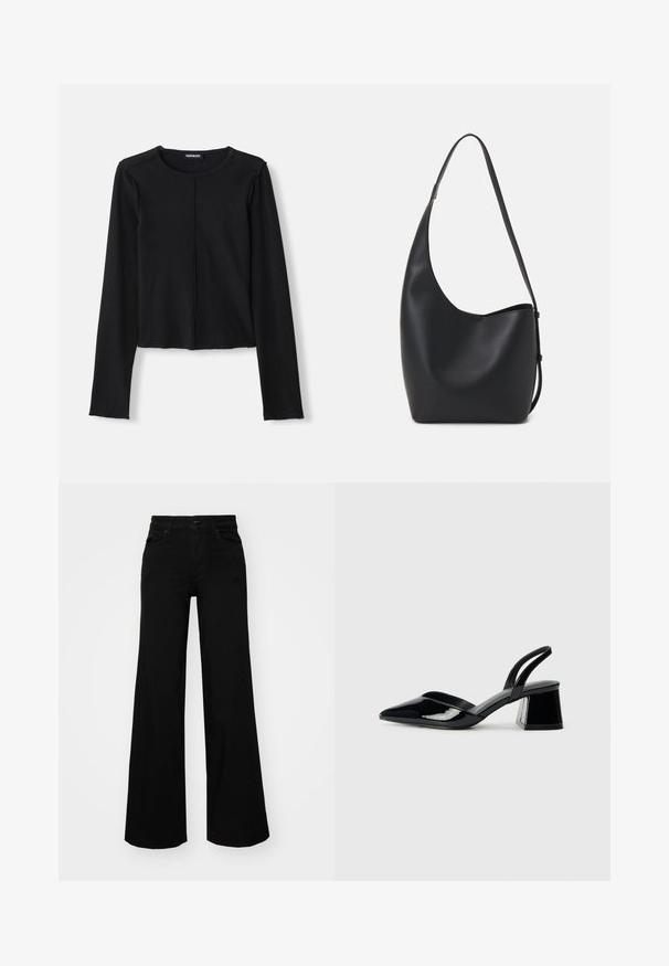 Black ribbed long-sleeve top with a round neckline and cropped design, featuring raw edges and a central front seam. Made from a stretchy material.; Black wide-leg pants made of denim, featuring a structured waistband, belt loops, and front pockets. Smooth texture with a classic design.; Black patent leather slingback heels with a pointed toe and a geometric block heel. Features a sleek, minimal design and smooth texture.; Black leather hobo bag with a smooth texture, curved shape, and single adjustable strap; features a wide opening at the top.