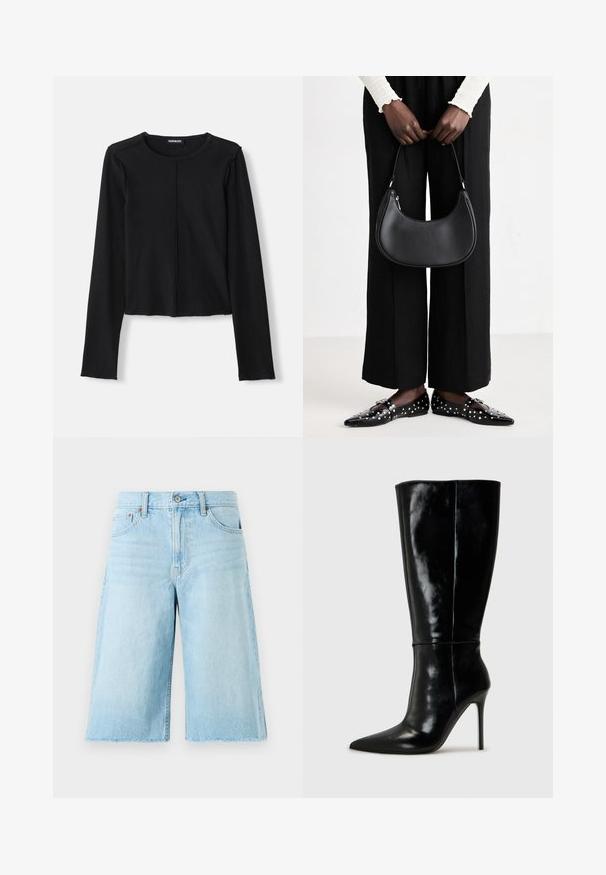 Sort ribbet langærmet top med rund halsudskæring og cropped design, prydet med rå kanter og en central søm foran. Fremstillet af et strækbart materiale.; Lyseblå denimshorts med en løs pasform, flosset kant, fem lommer og metalhardware. Klassisk jeansdesign med subtil falming.; Sorte læderknælange støvler med spids tå og høj stilettohæl. Glat tekstur og slank design, med minimalt detaljer.; Sort læder skuldertaske med rund form, glat finish og sølv hardware. Person iført sorte brede bukser og nitter loafers.; Sæt med sølvøreringe med forskellige designs: hoops, studs og hængende stilarter, med kugleaccenter og spidse elementer.