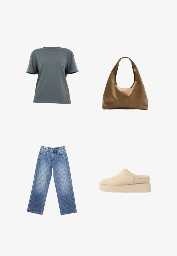 Šedé bavlněné tričko má kulatý výstřih, krátké rukávy s ohrnutými manžetami a uvolněný střih. Hladký povrch bez viditelných vzorů.; Džíny s širokými nohavicemi v světle modré barvě s prošívaným diamantovým vzorem, s pěti kapsami a zapínáním na knoflík v pase.; Krémové semišové boty na klínku s kulatou špičkou a silnou, texturovanou podrážkou. Vyznačují se minimálním šitím a měkkým designem.; Hnědá textilní taška přes rameno s širokým, zaobleným tvarem a velkým výřezem na rukojeť. Měkká textura, minimalistický design a žádné viditelné kovové prvky.