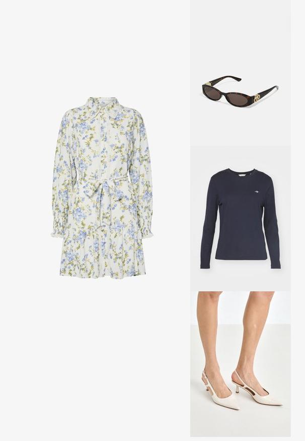 Marineblauwe lange mouwen T-shirt van katoen, met een ronde hals en een klein logo op de linker borst. Glad textuur.; Bloemendress in het wit met blauwe en groene bloemen, voorzien van een kraag, knoopsluiting aan de voorkant, lange mouwen met elastische manchetten en een tailleband.; Beige gepatineerde leren slingback hakken met een spitze neus en een hak van 5 cm, met uitsparingen aan de zijkanten en een dunne enkelband.; Schildpadbril met langwerpige ovale lenzen, bruine tint, gouden logo-accenten op de pootjes en slanke zwarte armen.; Beige handtas met een patroon en een gebogen vorm, leren accenten en een goudkleurig logo aan de voorkant. Beschikt over een kort handvat voor gemakkelijk dragen.; Parel- en kristallen ketting met een ronde, gehaakte ontwerp in lichte tinten, met afwisselend parels en sprankelende accenten, gedragen om de hals.