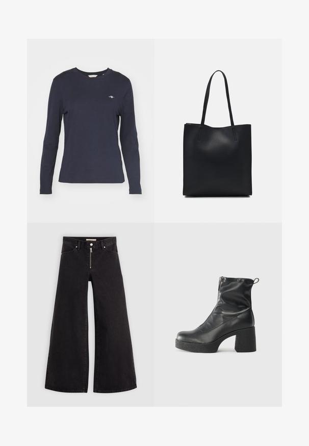 Tumed sinine pikkade varrukatega T-särk, mis on valmistatud puuvillast, omades ümmargust kaelust ja väikest logo vasakul rinnal. Sile tekstuur.; Laiad teksad mustast denimist, millel on lukuga eesmine osa, viie taskuga disain ja peened õmblusdetailid. Sile tekstuur ja juhuslik stiil.; Mustad mustad ansapüksid, mis on valmistatud siledast nahast, külje zipperiga, paksu tekstuuriga kontsaga ja ümmarguse nina disainiga.; Mustast nahast kott sujuva tekstuuriga, ristkülikukujuline ja kahe pika sangaga. Pole nähtavat riistvara ega kaunistusi.