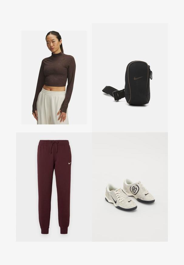 Bruine cropped lange mouwen top met een hoge hals, gemaakt van gladde stof, met een aansluitend ontwerp en subtiele stikdetails. Witte broek met een elastische taille.; Bordeauxkleurige trainingsbroek met elastische taille en koord. Heeft ribgebreide boorden en een klein wit Nike-logo op de linkerdij. Soepele textuur.; Nike sneakers met een beige en grijze textuur bovenkant, zwarte accenten, een groot "90" logo en een witte vetersluiting. Zwarte zool.; Zwarte Nike pouch met ritssluiting, gestructureerde stof, bruine accenten en een afneembare schouderband. Voorzien van een opvallend Nike-logo aan de voorkant.