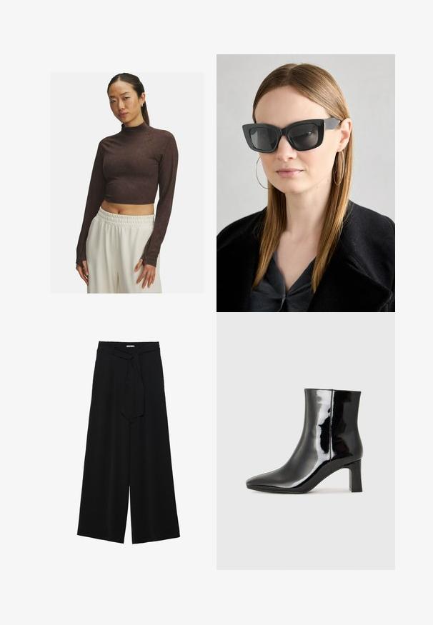 Brun cropped langærmet top med høj hals, lavet af glat stof, med en tætsiddende pasform og subtile syninger. Hvide bukser med elastisk talje.; Sorte vide bukser i en tekstureret stofkvalitet, med elastisk talje og et aftageligt bånd i taljen for justerbar pasform.; Sort lakeret ankelstøvle med spids tå og en midt-højde blokhæl. Glat tekstur og minimalistisk design.; Sorte katteøje solbriller med mørke linser, tykke rammer og subtile detaljer. Båret med en sort frakke og en grå bluse, med langt, glat hår.