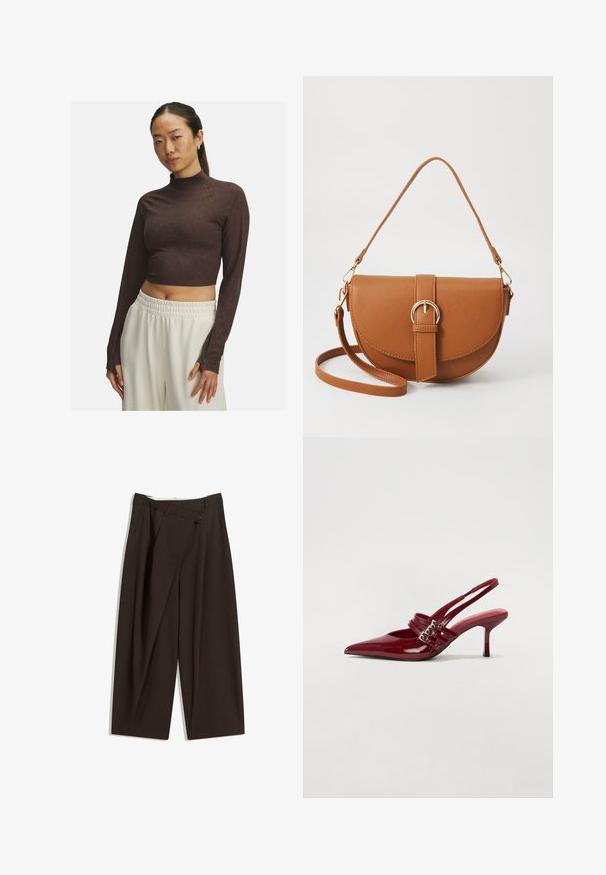 Bruine cropped lange mouwen top met een hoge hals, gemaakt van gladde stof, met een aansluitend ontwerp en subtiele stikdetails. Witte broek met een elastische taille.; Donkere bruin wijde broek met een hoge taille, voorzien van een enkele knoopsluiting en een geplooide voorkant. Gemaakt van lichtgewicht stof.; Rode gepatenteerde leren slingbackhakken met een spitse neus, twee gespsluitingen en een slanke, middelhoge stilettohak. Glad textuur.; Bruine leren schoudertas met een gebogen vorm, gouden hardware en een gespaccent. Bevat een afneembare schouderriem.