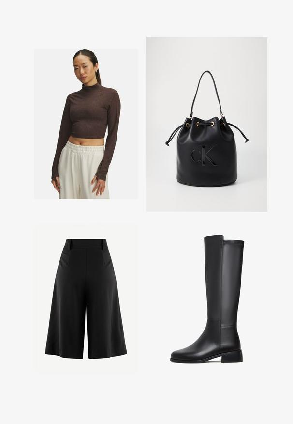 Brun cropped långärmad topp med hög krage, tillverkad av mjukt tyg, med en figurnära design och subtila stickningsdetaljer. Vita byxor med elastisk midja.; Svarta vida byxor med veckad front, hög midja och slät tygkvalitet. Har en ren, minimal design utan synlig hårdvara.; Svart läder knähöga stövlar med en slät yta, rund tå, låg blockklack och diskret sömnadsdetalj längs sidan.; Svart läder bucket bag med dragsko-stängning, prydd med en glänsande "CK"-logotyp på framsidan och detaljer i guld-ton.
