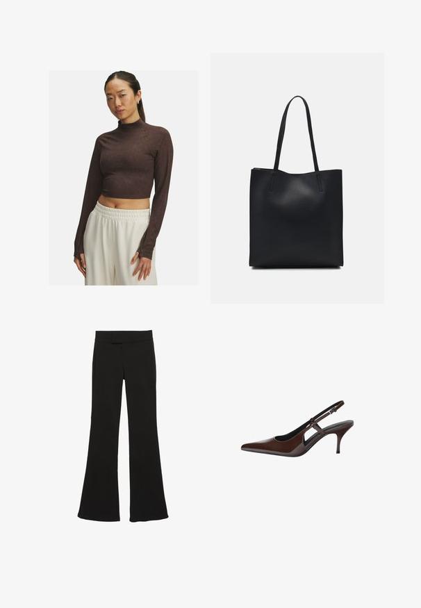 Top corto marrone a maniche lunghe con colletto alto, realizzato in tessuto morbido, caratterizzato da una vestibilità aderente e dettagli di cucitura discreti. Pantaloni bianchi con vita elastica.; Pantaloni neri a zampa d'elefante realizzati in tessuto liscio, con vita media e tasche laterali, dalla silhouette pulita e sartoriale.; Pompa slingback in pelle lucida marrone con punta affusolata, tagli aperti e tacco sottile. Presenta una fascetta con fibbia regolabile.; Borsa tote in pelle nera con texture liscia, forma rettangolare e due manici lunghi. Nessun hardware o decorazione visibile.