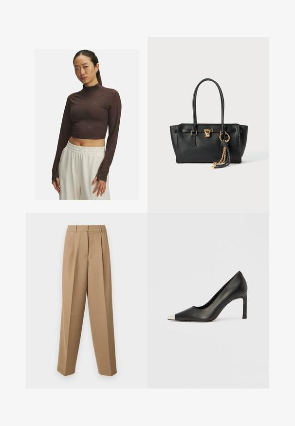 Brun cropped langærmet top med høj hals, lavet af glat stof, med en tætsiddende pasform og subtile syninger. Hvide bukser med elastisk talje.; Beige skræddersyede bukser med høj talje, plisseret front og bred benudskæring. Stoffet ser glat ud med en let glans.; Sort læder højhælet sko med spids tå og metal-sølv hætte. Har en glat finish og en slank hæl på 10 cm.; Sort læder skuldertaske med dobbelte håndtag, guld lås og kædedetalje samt sort-hvid kvast tilbehør mod hvid baggrund.