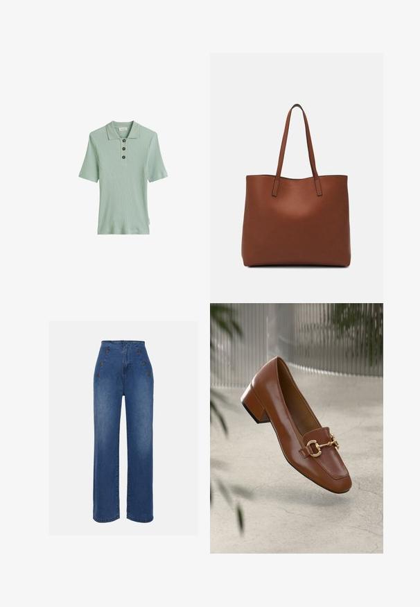 Světle zelený žebrovaný polo triko s krátkými rukávy, třemi tmavými knoflíky a klasickým designem límce. Vyrobeno z měkké, texturované tkaniny.; Džínové kalhoty s vysokým pasem v středně modré barvě. Obsahují dekorativní přední knoflíky a široké nohavice. Materiál má hladkou texturu s mírným vyblednutím.; Hnědé lakované kožené mokasíny se čtveratou špičkou, kovovým řetízkovým akcentem a nízkým blokovým podpatkem; hladká textura, minimalistický design.; Hnědá kožená taška přes rameno s hladkou texturou, otevřeným designem a dvěma ramenními popruhy. Obsahuje minimální švy a žádné viditelné kovové prvky.