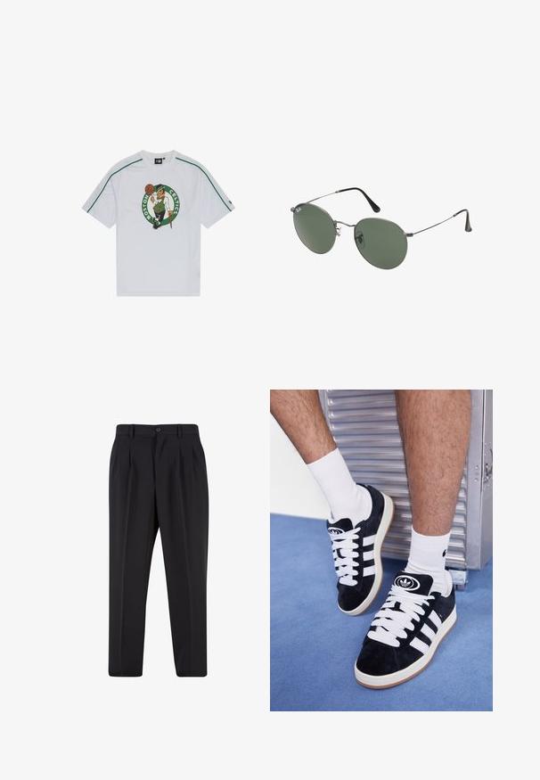 Vit meshkortärmad skjorta med en grön Boston Celtics-logotyp och karaktärsgrafik i mitten; inkluderar gröna konturer längs axlarna.; Svarta byxor med plisserad design framtill, tillverkade av slätt tyg. Har en knappstängning och bälteshällor; rak passform.; Svarta mockaskor med vita snören och tre vita ränder. Har en rund svart logotyp på tungan och en gumminnedgummisula.; Metallinramade solglasögon med ovala gröna linser. Tunn silvermetallram och svarta öronpluggar. Minimalistisk design, inga synliga logotyper.