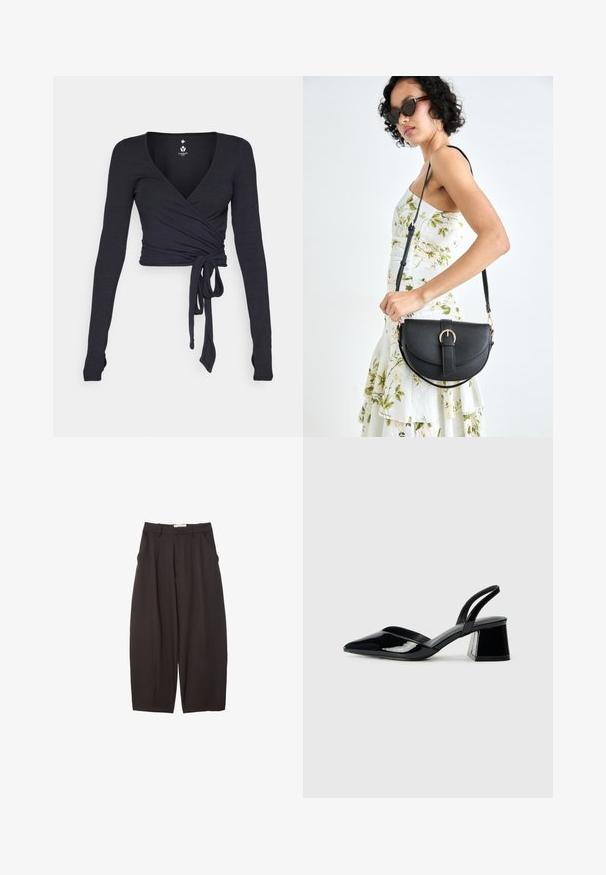 Langarmige wikkeltop in donkerblauw met een v-halslijn, voorzien van een gestrikte voorzijde en een gladde textuur.; Zwarte wijde broek gemaakt van een gladde stof, met een hoge taille, voorplooien en zijzakken. Eenvoudig ontwerp zonder versieringen.; Zwarte gepatineerde leren slingback hakken met een spitse neus en een geometrische blokhak. Kenmerkt zich door een slank, minimalistisch ontwerp en een gladde textuur.; Zwarte leren handtas met een gebogen vorm, afneembare schouderband en gouden hardware. De tas heeft een klep met een gespsluiting.