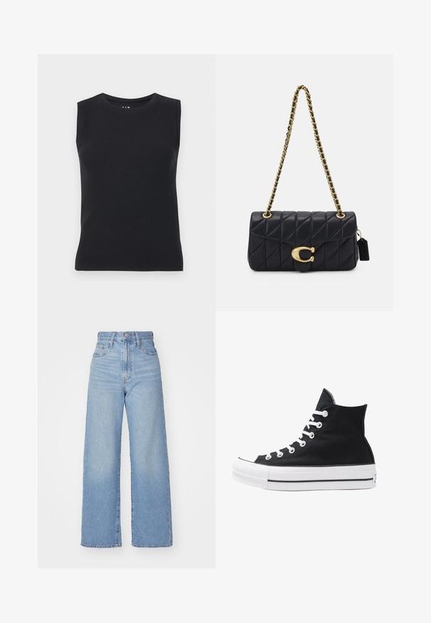 Top nero senza maniche realizzato in materiale a coste. Presenta un colletto tondo e una silhouette aderente con bordi puliti e senza motivi visibili.; Jeans a vita alta blu chiaro con gamba larga, chiusura frontale con bottone e zip, tasche anteriori e posteriori, su uno sfondo bianco.; Sneaker alta nera in tela con occhielli e lacci bianchi e suola in gomma. Presenta un punta testurizzata e accenti a strisce bianche e nere.; Borsa a tracolla nera trapuntata con una catena d'oro, dotata di un distintivo fermo d'oro e di un'etichetta piccola, che mostra una superficie in pelle testurizzata.