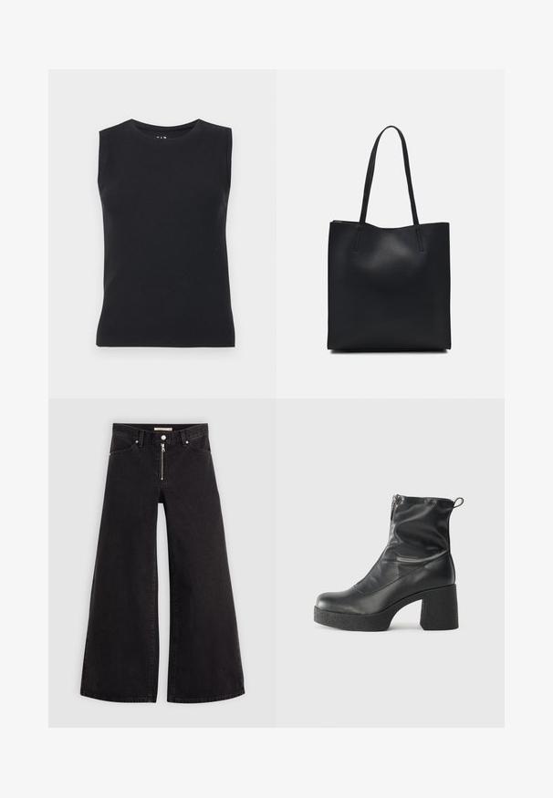 Čierny top bez rukávov vyrobený z rebrovanej textílie. Vyznačuje sa okrúhlym výstrihom a priliehavým strihom s čistými okrajmi a bez viditeľných vzorov.; Dlhé nohavice vo voľnom strihu z čierneho denimu so zipsom vpredu, päť vrecúškovým dizajnom a jemnými stehovými detailmi. Hladká textúra a neformálny štýl.; Čierne členkové topánky z hladkej kože, so bočným zipsom, robustnou textúrovanou pätnou časťou a zaobleným dizajnom špičky.; Čierna kožená taška na rameno s hladkým povrchom, obdĺžnikovým tvarom a dvoma dlhými uchami. Bez viditeľného kovania alebo ozdôb.