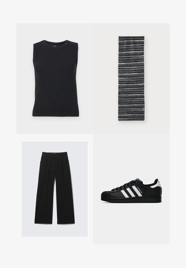 Black, sleeveless top made of ribbed material. Features a round neck and a fitted silhouette with clean edges and no visible patterns.; Black wide-leg trousers with belt loops, front pleats, and a hidden front closure, displayed on a white background.; Black Adidas Superstar sneaker with white stripes, shell toe, and "Superstar" text on side, shown in side profile on white background.; Knitted scarf with black and gray horizontal stripes, soft texture, elongated rectangular shape, featuring a small tag at the bottom corner.; Dark green leather handbag with a curved shape, zippered pockets, and front flap pocket. Features silver hardware and textured finish.