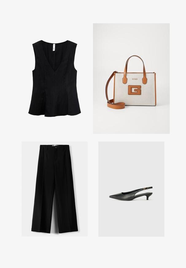 Black sleeveless top featuring a V-neckline, flared design, and a smooth texture. The fabric appears soft with subtle draping.; Black wide-leg trousers made of lightweight fabric, featuring a front button closure and flat front, with neatly stitched hems.; Black pointed toe slingback shoe made of smooth leather. Features a thin heel and a buckle detail on the adjustable strap.; Tan and beige handbag with logo, textured fabric, two handles, and detachable shoulder strap. Features gold lettering and a distinct G emblem.