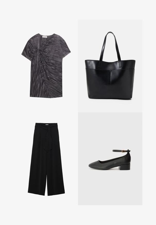 Kratke rokave, črno-bela majica z teksturiranim, asimetričnim dizajnom, ki ima naborke in zasukano sprednjo podrobnost.; Črne široke hlače iz teksturirane tkanine, z elastičnim pasom in odstranljivim trakom na pasu za prilagodljivo prileganje.; Črne usnjene pumpice z nazobčanimi prsti in nizko blokasto peto. Imajo trak okoli gležnja z zaponko v zlatem tonu. Gladka tekstura.; Črna usnjena torba z dvema dolgima ročajema, gladko teksturo in strukturirano obliko. Ima sprednji žep za dodatno shranjevanje.