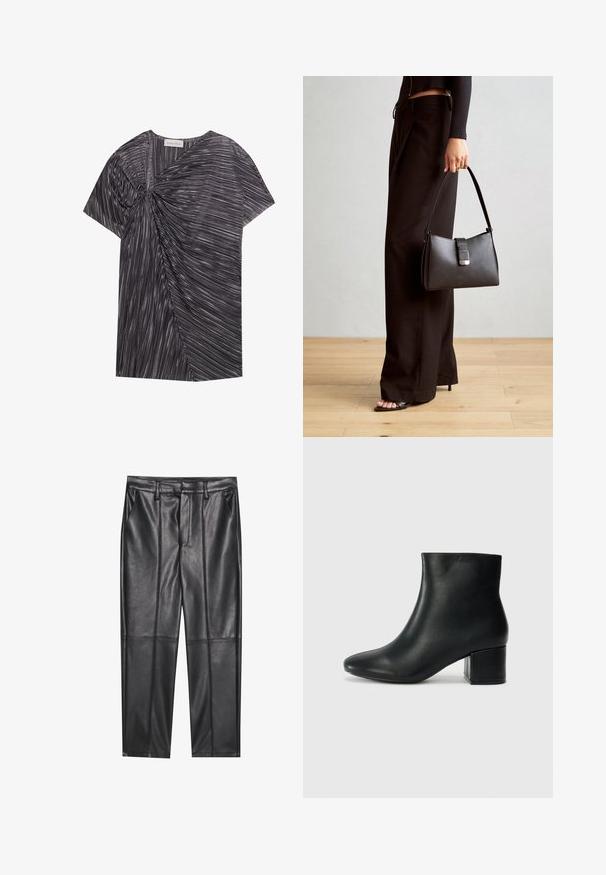 Kurze Ärmel, schwarz-weißes Oberteil mit einem strukturierten, asymmetrischen Design, das Falten und ein verdrehtes Frontdetail aufweist.; Schwarze Lederhosen mit glatter Textur, gerader Passform, zwei Fronttaschen und sichtbaren Nahtdetails.; Schwarze Leder-Ankle-Boots mit spitzem Zehenbereich und klobigem Absatz. Glatte Textur mit minimalen Akzenten und einem eleganten, taillierten Design.; Schwarze Handtasche mit strukturierter Form, glatter Textur und einem metallischen Verschluss. Kombiniert mit weiten schwarzen Hosen und offenen Sandalen auf einem Holzboden.
